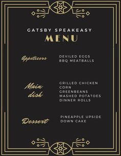 a black and gold menu with the words gatsby speakeasy