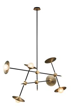 a modern chandelier with six lights hanging from it's center, and four circular