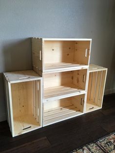 a wooden shelf sitting on top of a hard wood floor