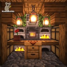 an image of a kitchen in minecraft with lights on the oven and counter top