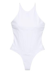 white stretch-design round neck sleeveless embossed logo to the front boned bodice racerback rear cut-out detailing unlined Be mindful to try on swimwear over your own garments. White Tight-fitting Swimwear For Summer, White Second-skin Swimwear For Summer, White Sleeveless Nylon Swimwear, Chic White Second-skin Swimwear, White Stretch Racerback Bodysuit, Fitted Racerback Bodysuit For Beachwear, White Compressive Swimwear For Summer, White Fitted Racerback Swimwear, White Racerback Bodysuit For Summer