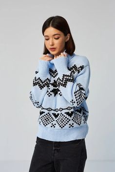 🌷Embrace the holiday spirit with our Light Blue Women's Snowflake Knit Sweater!  Perfect for chilly winter days, this cozy sweater features an adorable snowflake design that adds a festive touch to your wardrobe. Made from high-quality knit fabric, it offers both warmth and style, making it an ideal choice for holiday gatherings, casual outings, or simply lounging at home. Whether you're sipping hot cocoa by the fireplace or enjoying a winter stroll, this versatile sweater pairs beautifully wit Blue Embroidered Winter Sweater, Luxury Light Blue Winter Sweater, Soft Knit Light Blue Winter Sweater, Playful Blue Winter Sweatshirt, Blue Snowflake Sweater, Snowflake Sweater, Holiday Sweater, Light Blue Sweater, Pullover Sweater Women