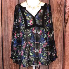 Brand New With Tags Nicole Miller Flowered Blouse. 100% Polyester. Black With Pretty Flower Design Throughout. 21” Armpit To Armpit, 23.6” Waist, 21” Sleeves, 26” Length. Black Flowy Blouse For Spring, Black Blouse For Spring, Spring Black Flowy Blouse, Flowy Black Top With Floral Print, Leather Blouse, Flower Blouse, Red Tunic, High Low Blouse, Floral Lace Tops