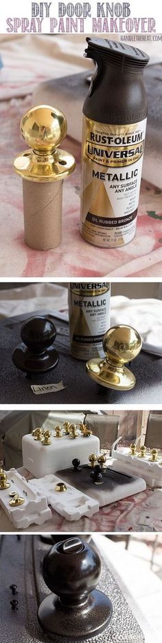 some gold paint is being applied to the top of a metal table with other items on it