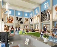 an artist's rendering of a dog and cat shop with people looking at pictures on the walls