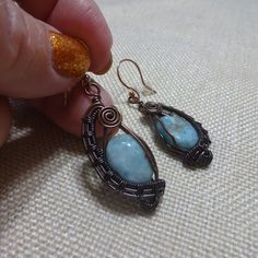 Rustic "Larimar" Handmade Copper Wire-Wrapped Dangle Earrings (1 1/2" Drop) #695b All Of My Jewelry Is Handmade By Me In My Smoke & Pet Free Home!!!!!! Please Note That Every Item Purchased Comes In A Drawstring Organza Bag For Easy Gift Giving!!! Please Note That I Will Consider Any Reasonable Offer On My Jewelry!!!!!!!!!! Please Let Me Know If You Have Any Further Questions. Thanks For Stopping By And Have A Terrific Day!! Unique Wire Wrapped Wrap Earrings As Gift, Blue Hand Wrapped Earrings Gift, Blue Hand Wrapped Earrings For Gift, Hand Wrapped Blue Earrings Gift, Handmade Copper Wrap Earrings For Gift, Handmade Artisan Wrap Earrings For Gifts, Handmade Copper Wire Wrap Earrings As Gift, Adjustable Blue Wrap Earrings For Gift, Blue Dangle Wrap Earrings As Gift