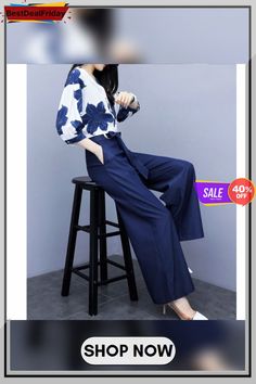 Spring Summer Chiffon Floral Print Two Piece Sets Women Blouses and Wide Leg Pants Suits Elegant Fashion Office Ladies Outfits Ladies Outfits, Wide Leg Pant Suit, Fashion Office, Office Outfits Women, Chiffon Floral, Women Blouses, Floral Chiffon, Spring Summer Outfits, Two Piece Sets