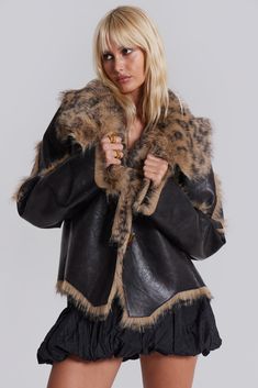 Introducing the Seone Faux Fur Jacket, crafted from a washed black PU leather with a leopard print faux fur lining. This oversized fit jacket features jagged panels and horn toggle fastening. Leather Jacket Fur, Black Leather And Fur Jacket, Vintage Leather Jacket With Faux Fur Lining, Cheetah Print Jacket, Leopard Print Fur Coat With Faux Fur Trim, Leopard Print Coat Grunge, Leopard Jacket, Faux Shearling Coat, Fur Leather Jacket