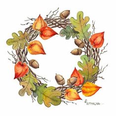 a wreath with leaves and acorns painted in watercolor