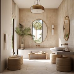 a large bathroom with two sinks and a bathtub in the middle, surrounded by palm trees