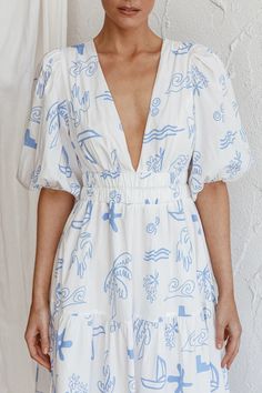 Shop the Summer Land V-Neckline Midi Dress Printed White | Selfie Leslie Vintage V-neck Dress For Brunch, Printed V-neck Midi Dress For Daywear, V-neck Printed Midi Dress For Daywear, Summer Puff Sleeve V-neck Dress For Brunch, Puff Sleeve V-neck Dress For Summer Brunch, Vintage V-neck Midi Dress For Summer, Vintage V-neck Maxi Dress For Day Out, Vintage V-neck Dresses For Vacation, Vintage V-neck Vacation Dresses