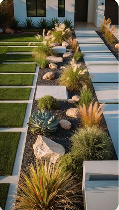 an outdoor garden with rocks and plants in the grass, along side a white house