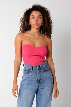 Pink Strapless Sweater Top Spring High Waist Stretch Tube Top, High Waist Stretch Tube Top For Spring, Trendy Ribbed Tube Top For Summer, Trendy Strapless Tube Top For Fall, Casual Ribbed Strapless Tube Top, Trendy Ribbed Tube Top For Spring, Fitted High Waist Tube Top For Day Out, Trendy Stretch Tube Top For Spring, Trendy Seamless Tube Top For Spring