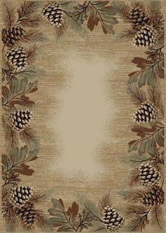 a beige rug with pine cones and leaves on the bottom, in front of a white background