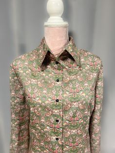 Liberty print woman's shirt 100% cotton Buttons I will process the order within 3-5 days Returns:  I'm unable to accept returns I'm afraid, however I am more than happy to answer all of your questions prior to your purchase. Please feel free to message me. Silk Long Sleeve Shirt With Floral Print, Silk Shirt With Floral Print And Long Sleeves, Silk Button-up Shirt With Floral Print, Green Silk Button-up Blouse, Green Collared Shirt With All Over Print, Printed Long Sleeve Shirt For Formal Occasions, Formal Long Sleeve Printed Shirt, Floral Print Spread Collar Blouse For Daywear, Silk Collared Printed Blouse