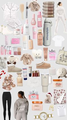 a collage of items that include teddy bears, shoes, and other personal care products