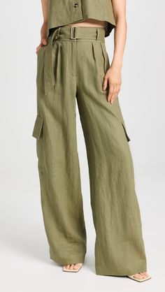 HEVRON Maggie Linen Pants | Shopbop Chic Linen Belted Bottoms, Chic Belted Linen Bottoms, Utility Wide Leg Linen Bottoms, Belted Linen Bottoms For Spring, Utility Linen Straight Leg Bottoms, Casual Linen Belted Bottoms, Linen Straight Pants With Cargo Pockets, Linen Cargo Straight Pants, Chic Linen Pants With Belt Loops