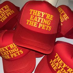 "They're Eating The Pets" custom trucker hat.  Standard color is red but can be made in a custom color, just send me a message.  Designed and made in the USA 🇺🇸 Custom Trucker Hats, Trucker Cap, Custom Color, Caps Hats, Trucker Hat, Accessories Hats, San Francisco, Bathing Beauties, Electronic Accessories