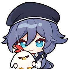 an anime character with blue eyes holding a chicken