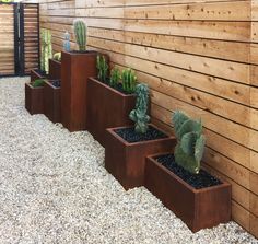 three planters are lined up against the side of a wooden wall with succulents in them