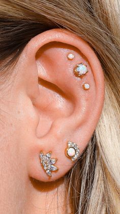 Constalation Ear Piercings, Ear Piercings Constellation Libra, Star Themed Ear Piercings, Pisces Constellation Ear Piercings, Opal Ear Stack, Opal Ear Piercings, Aquarius Constellation Ear Piercing, Unique Ear Piercings, Conch Piercing Jewelry