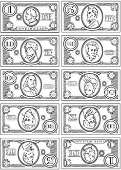 twenty dollar bill coloring pages with presidents and other faces on them, all in black and white