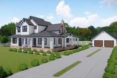 this is an artist's rendering of the front of a house with two garages