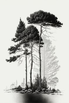 black and white drawing of three trees in the middle of an island with rocks on both sides