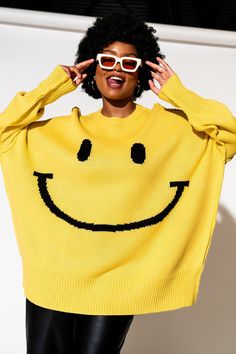 Lala Original Designs are thoughtfully designed in-house. These clothes were made for you. - Yellow sweater with big smile face design- Super oversized and slouchy- Long sleeves with drop shoulder- Bubble sleeve with 6" ribbed cuff- Wide 6" ribbed hemSierra is 5'8", typically wears a size 8 and is wearing a S/M. Jayci Sweaters Outfit, Satin Playsuit, Dressed In Lala, Gender Neutral Fashion, Streetwear Inspiration, 2024 Wishlist, Blazer Set, Flannel Jacket, Sunshine Yellow