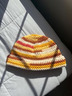 Hand made beanie hat Retro Winter Beanie, Yellow Cotton Beanie Hat, Retro Winter Beanie Hat, Retro Winter Hat One Size, Spring Beanie Cap, Retro Yarn Beanie Hat, One Size Spring Beanie, Retro Winter Crochet Hat Made Of Yarn, Retro Fall Hats One Size