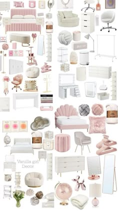 a collage of white and pink furniture, including chairs, tables, lamps, mirrors