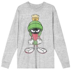 Don’t let the weather get you mad. Capture this Marvin the Martian shirt today. This shirt comes in an athletic heather grey long sleeve to keep you warm and comfortable whether you exercise outdoors in cold weather or chill on the couch for a night of Looney Tunes. The shirt is made with green energy, so you can leave the kabooming to the cartoon characters. Show your support for Marvin with this men’s shirt. Looney Tunes Characters, Graphic Material, Marvin The Martian, Cartoon Shirts, The Cartoon, Sleeve Packaging, You Mad, Green Energy, The Martian