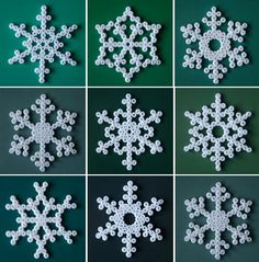 six snowflakes are arranged in squares on a green and black background, each with four different colors