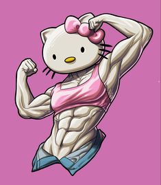 an image of a woman with muscles in the form of hello kitty on pink background