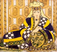 a painting of a woman sitting on top of a rug