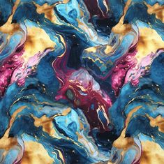 an abstract painting with blue, pink and yellow colors on it's surface is shown