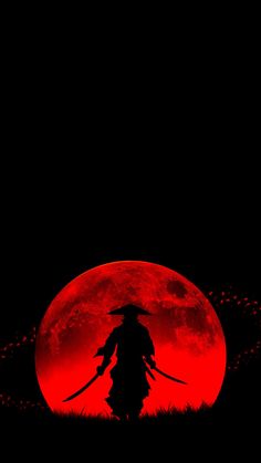 the silhouette of a person standing in front of a red moon with two swords on it