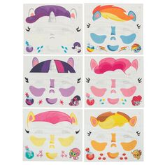 Dress up as one of your favorite My Little Pony characters using these fun My Little Pony Costume Tattoos. This set of temporary face tattoos includes Rarity, Rainbow Dash, Applejack, Pinkie Pie, Fluttershy, and Twilight Sparkle. They're easy to apply and remove, and make the perfect addition to a costume for a party! Dimensions: 	 Length: 1/4" - 1 3/4" 	 Width: 1/4" 5 1/8" Package contains 72 tattoos Fluttershy And Twilight Sparkle, Fluttershy And Twilight, Rainbow Dash Applejack, Pinkie Pie Fluttershy, Pony Costume, Temporary Face Tattoos, Temporary Tattoo Paper, My Little Pony Costume, Tattoo Paper