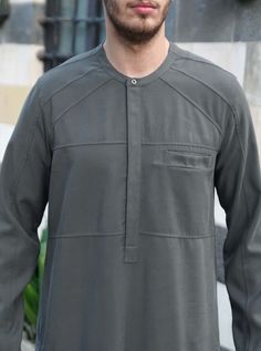 Paneled Thobe - Thobes - Men Workwear Shirt With Stand Collar And Pockets, Luxury Elegant Thobe For Men, Workwear Shirt With Pockets And Stand Collar, Traditional Fitted Long Thobe, Mens Thobe Pattern, Thobes Men Arab, Jubbah Men, Casual Cotton Long-sleeved Thobe, Thobes Men