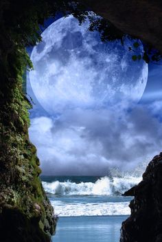 an ocean scene with the moon in the sky and waves crashing on the rocks below