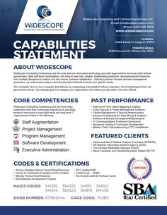 a blue and white flyer with the words capabilities statement