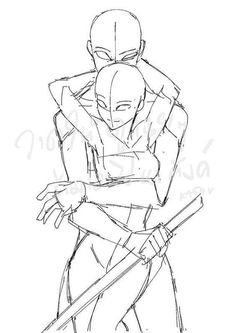 a drawing of two people hugging each other with one holding the other's arm