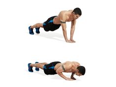 a man is doing push ups on one leg and another with his hands in the other