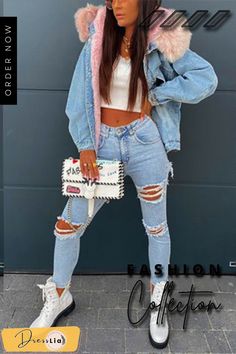 Fur Collar Denim Coat Trendy Winter Jeans With Pockets, Trendy Winter Jeans With Frayed Hem, Casual Ripped Jeans For Winter, Casual Ripped Jeans, Trendy High Rise Denim Outerwear, Trendy Ripped Denim Outerwear, Fake Fur, Fur Collars, Denim Coat