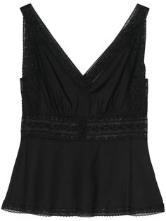 black stretch-silk sheer lace detailing tonal stitching plunging V-neck sleeveless straight hem concealed rear zip fastening Chic V-neck Tank Top With Lace Trim, Fitted V-neck Camisole With Contrast Lace, Chic V-neck Lace Top For Daywear, Fitted V-neck Lace Top Camisole, Elegant Sleeveless Sheer Blouse, Formal V-neck Camisole, Evening Lace V-neck Camisole, Elegant V-neck Tank Top With Lace Trim, Fitted V-neck Tank Top For Daywear