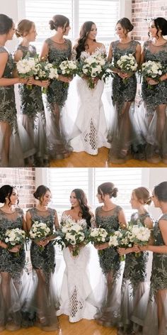 the bridesmaids are holding their bouquets and posing for pictures in front of a window