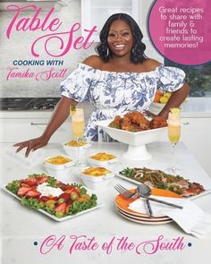 a woman standing in front of a table full of food and drinks, with the cover of taste of the south magazine