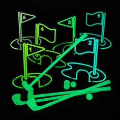 Glow-In-The-Dark Mini Golf Course Game Glow Mini Golf, Glow Golf Party, Glow Party Outside, Glow In Dark Games, Glow In The Dark Jenga, Glow Party Halloween, Glow In The Dark Mini Golf, Glow In The Dark Party Activities, Glow In The Dark Kids Party