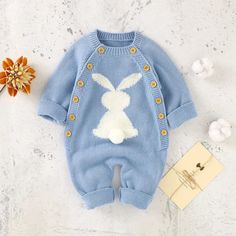 Little Bunny Long Sleeves Playsuit Baby Toddler 6 - 24 Months - Skaldo & Malin Playful Blue Jumpsuits And Rompers For Loungewear, Playful Fitted Blue Jumpsuits And Rompers, Long Sleeve Blue Bodysuit For Playwear, Blue Long Sleeve Jumpsuits And Rompers For Playtime, Winter Long Sleeve Bubble Romper For Playtime, Cute Fitted Winter Bodysuit, Cute Blue Winter Onesie, Winter Onesie For Playtime, Cute Winter Bodysuit For Playtime