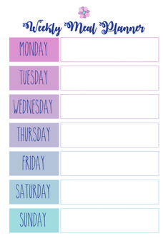 the weekly meal planner is shown in pastel colors